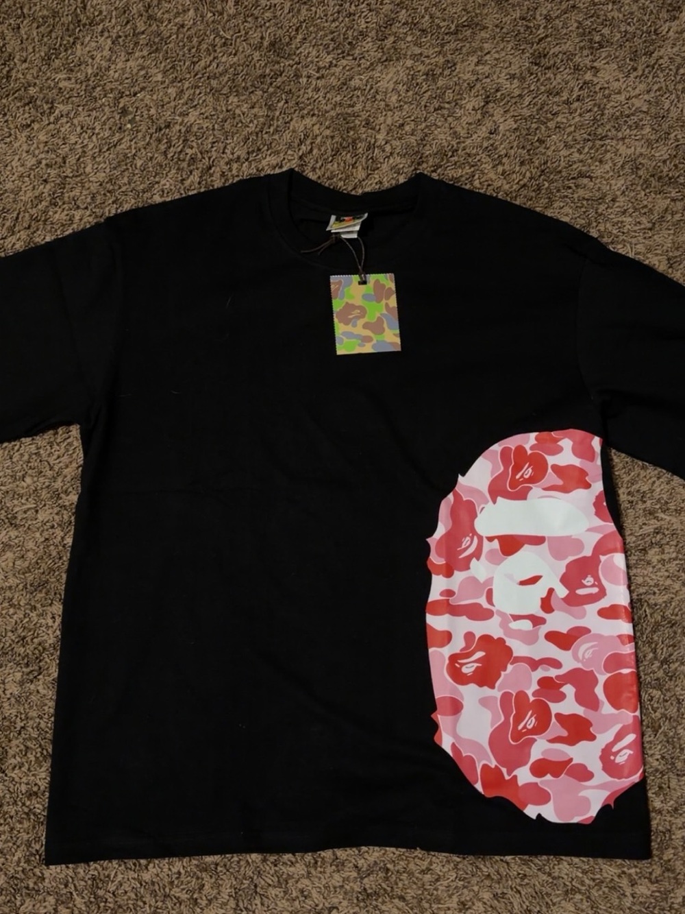 Bape Black Tee with Pink & Red Camo Ape Head